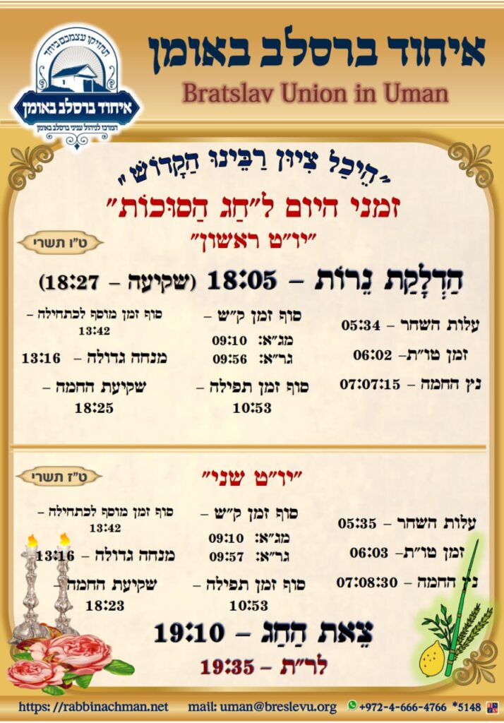 הדלקת נרות וזמני הלכה באומן – זמני היום והתפילות לחג הסוכות תשפ"ו בהיכל קבר רבי נחמן מברסלב בעיר אומן שבאוקראינה