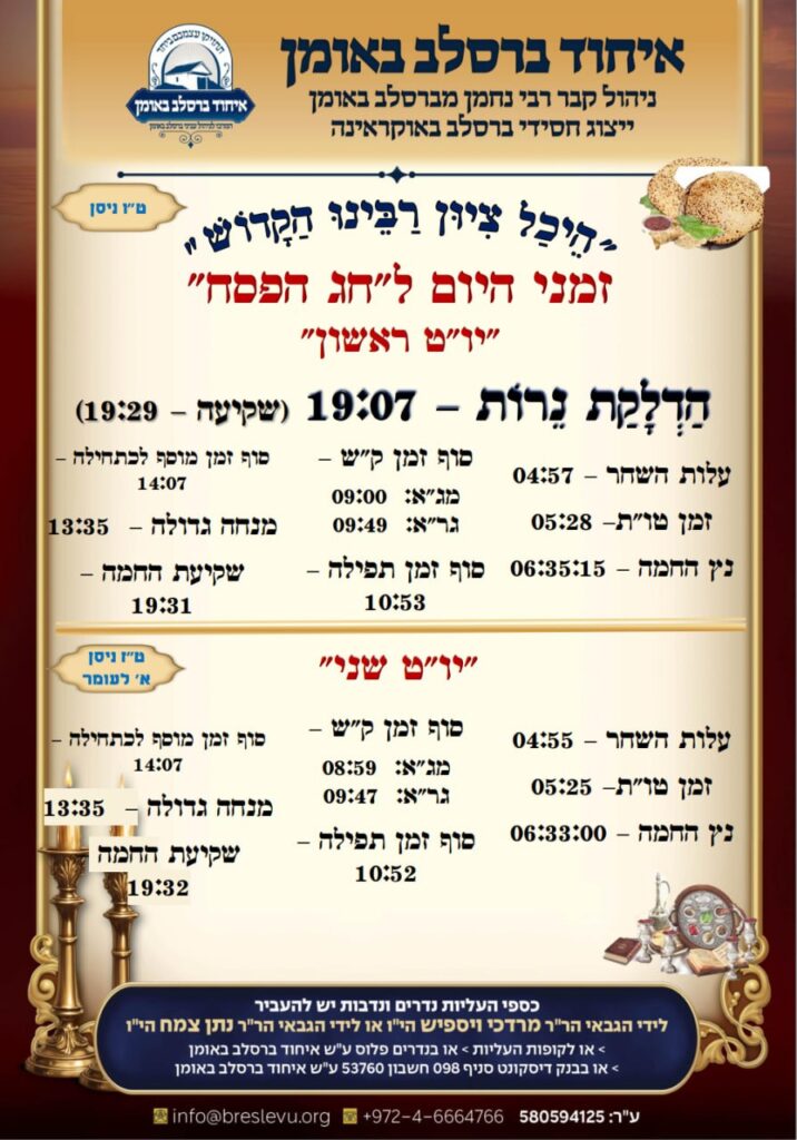 זמני היום והתפילות לשני ימים ראשונים של פסח תשפ"ו