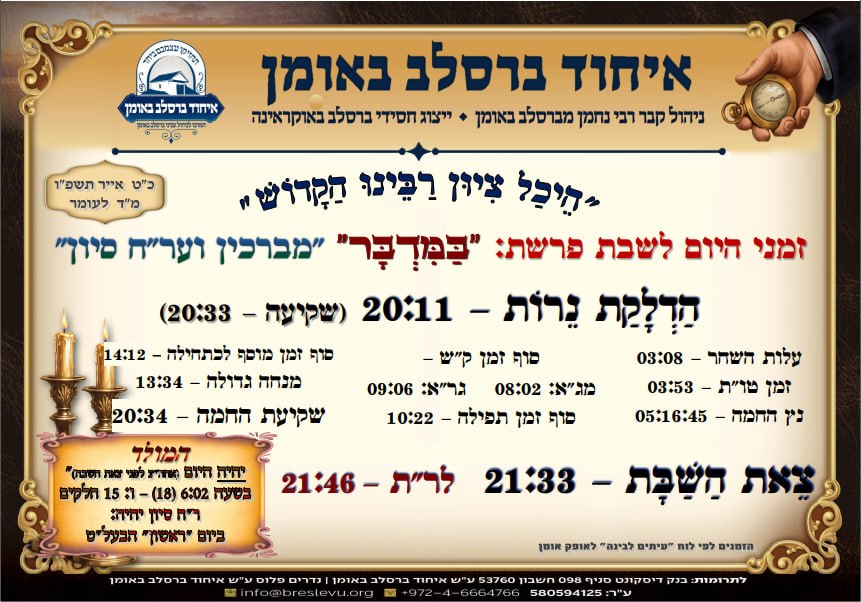 הדלקת נרות באומן ולוח זמנים לפרשת במדבר תשפ"ו בהיכל קבר רבי נחמן מברסלב בעיר אומן שבאוקראינה