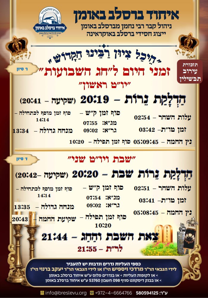 זמני היום והתפילות לחג השבועות תשפ"ו