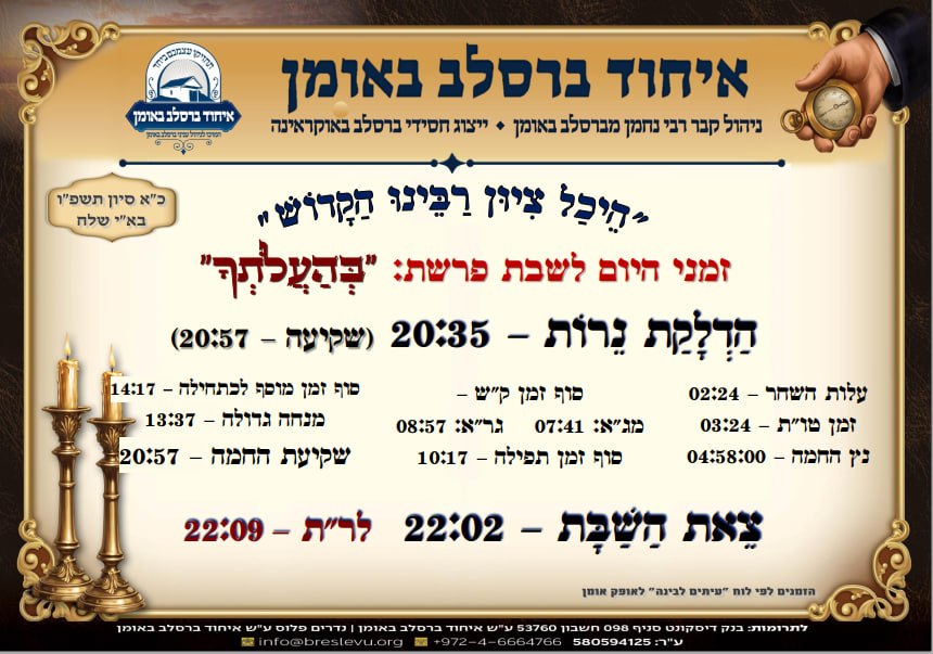 הדלקת נרות באומן ולוח זמנים לפרשת בהעלותך תשפ"ו בהיכל קבר רבי נחמן מברסלב בעיר אומן שבאוקראינה