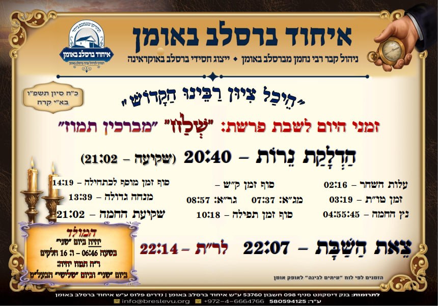 הדלקת נרות באומן ולוח זמנים לפרשת שלח תשפ"ו בהיכל קבר רבי נחמן מברסלב בעיר אומן שבאוקראינה