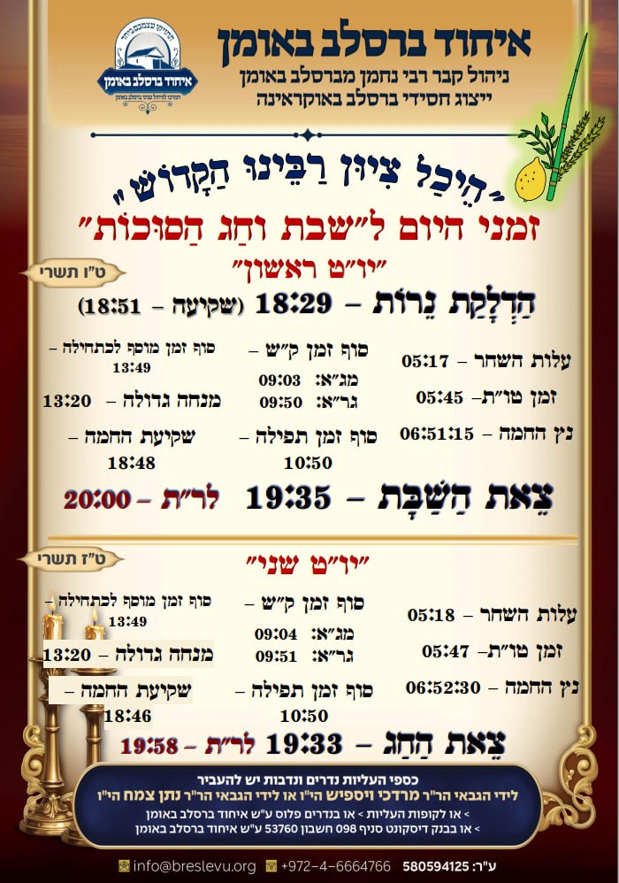 זמני היום לחג הסוכות תשפ"ז - זמני התפילות בהיכל ציון רבינו