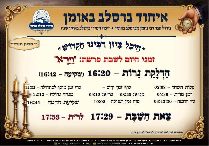 הדלקת נרות באומן וזמני היום באומן לפרשת וירא תשפ"ז - זמני התפילות בהיכל קבר רבי נחמן מברסלב בעיר אומן שבאוקראינה